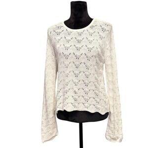 Vintage T.W.H. White Crochet Knit Long Sleeved Top Size S Coastal Beach Bohemian